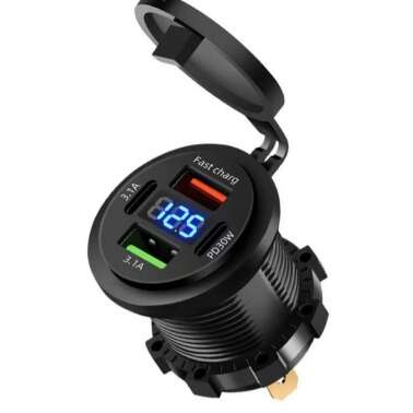 شارژر USB خودرویی روپنلی گرد قرمز چهار خروجی فست شارژ QC3.0 نمایشگر ولتاژ